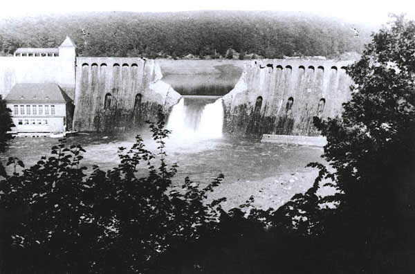 Photograph showing damage to the Eder dam